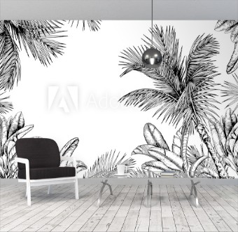 Picture of Tropical card with palm trees and leaves Black and white Hand drawn vector illustration